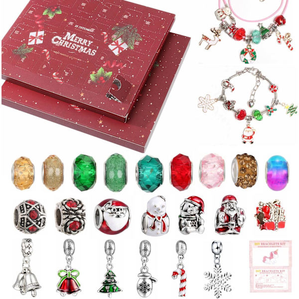 Jule-Adventskalender Armbånd 2024 til Piger 24 Dage Jule-Nedtællingskalender DIY Smykkefremstillingskit blind boks 22 Charm Perler 2 Armbånd (Rød (4)) Red(4)