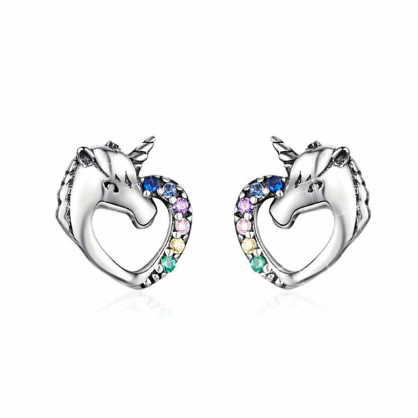 Enhörningsörhängen för tjejer,Hjärtform 925 Sterling Silver Rainbow Cubic Zirconia Screwback Örhängen Present för henne, Kvinnor, Tjej