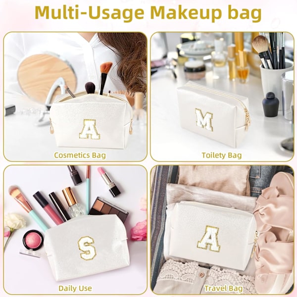 Personlig Initial Makeup Taske, Preppy Patch Hvid Kosmetik Taske PU Læder Vandafvisende Makeup Taske