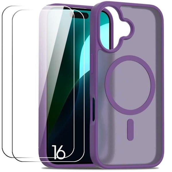 Fodral + 2 härdat glas för iPhone 16, skydd med magnetisk ring, silikon och PC stötsäker mörk lila Dark purple