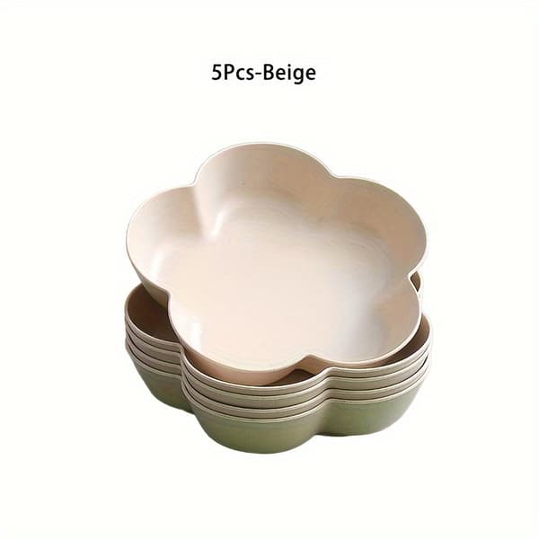 Blomformade serveringsbrickor, set om 5 återanvändbara plasttallrikar, diskmaskinsäkra Beige