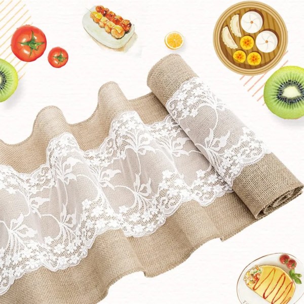 Table Runner Jute Table Runner with Natural Lace Burlap Table Runner with Lesbie for Wedding Party Table Decoration, 30*180cm, White Lace