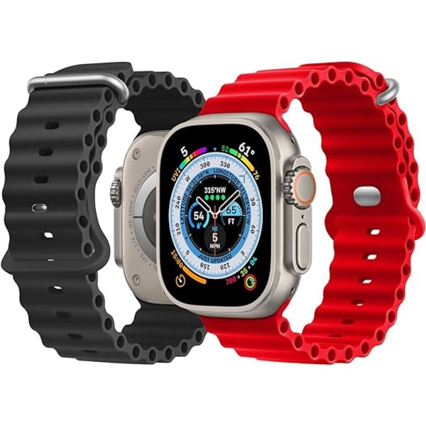 Kompatibel med Apple Watch Ultra 2-pack Ocean Strap 49 mm 45 mm 44 mm 42 mm mykt silikon sportsbånd for iwatch Series Ultra 8 7 6 5 4 SE Svart/Rød black/red 42/44/45/49MM