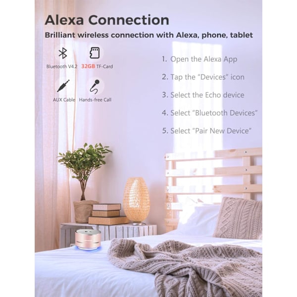 Bluetooth-høyttaler, Mini trådløse høyttalere med LED-lys, Ultra-bærbar høyttaler med krystallklar lyd for lytting på farten (Rosegull)