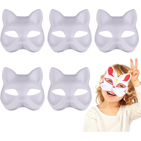 Kattemaske, 5 stk gør-det-selv hvide ræv katteansigt tomme håndmalede maske gør-det-selv håndmalede personlighedsmaske, halloween fest 5st