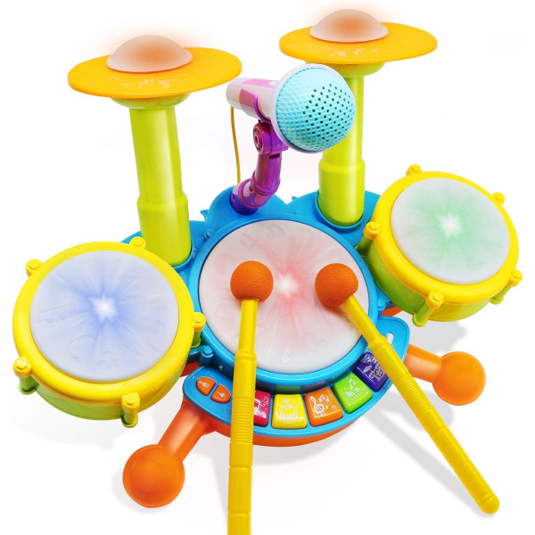 Trommesæt til børn med 2 trommestokke og mikrofon, musiklegetøjsgave til småbørn