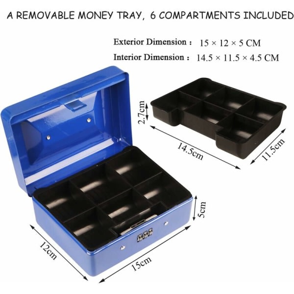 Liten kasse med kombinasjonslås - solid kasse i metall med kasserom, 15 × 12 × 8 cm (blå, liten)