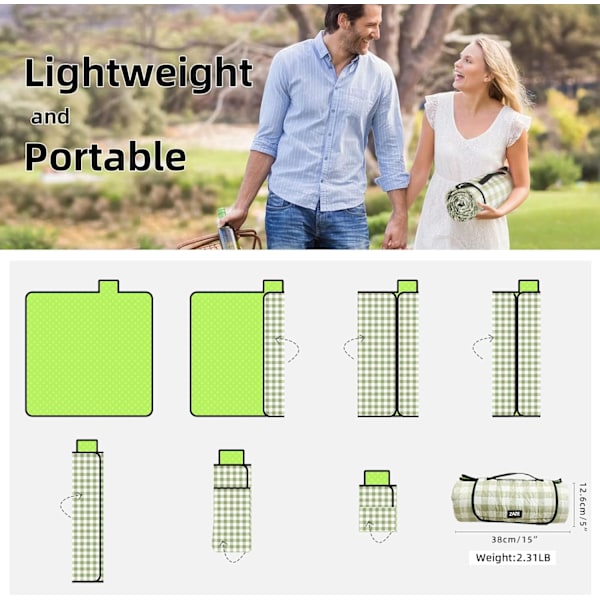 Ekstra stort picnic-udendørstæppe, 203 x 152 cm vandtæt foldbart tæppe gingham picnicmåtte til strand, camping græsplæne park (grøn hvid)