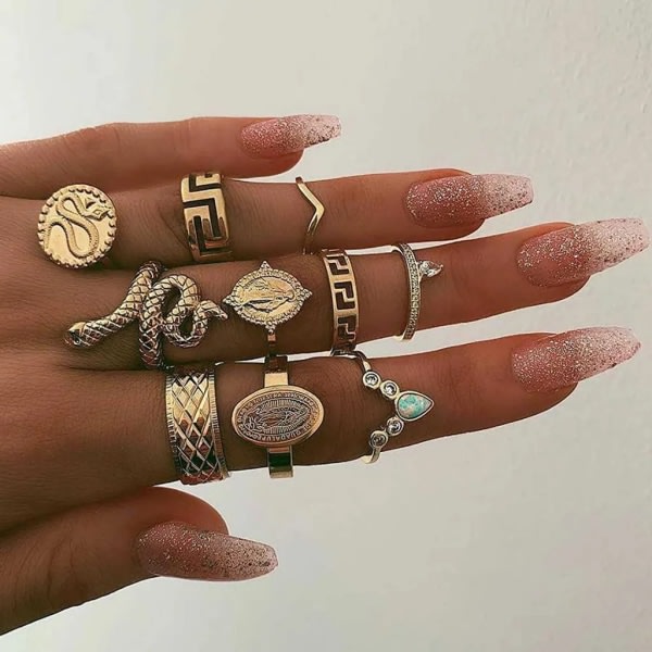 Vintage 10-delers Snake Ring Sett Edelsten Ring Gull Knoke Knoke Ring Lykke til for kvinner og jenter (1)