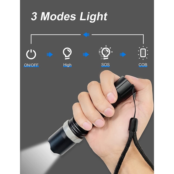 LED-ficklampa, ficklampa LED uppladdningsbar 600 LM, 3 lägen USB laddning minificklampa vattentät IPX5
