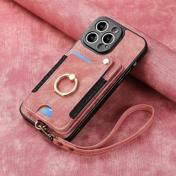 Plånboksfodral med RFID-skydd, kreditkortshållare, ringstativ, mobiltelefonfodral för iPhone 15 Pro/15 Pro Max 15 Ultra med handledsrem, rosa Pink iPhone 15 Pro Max