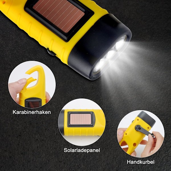 2 kpl Solar LED -taskulamppu Käsikäyttöinen Lyhty, Vedenkestävä Taskulamppu Hätävalo Ulkoilu Kannettava Leirintälamput Karabiinikoukkujen kanssa (Keltainen) yellow
