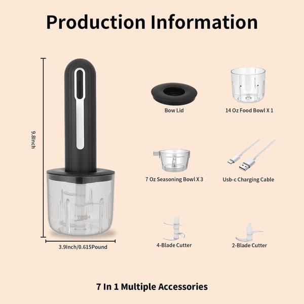 Foodprocessor - Trådløs & Genopladelig via USB-C - 4 Kopper til Portionskontrol