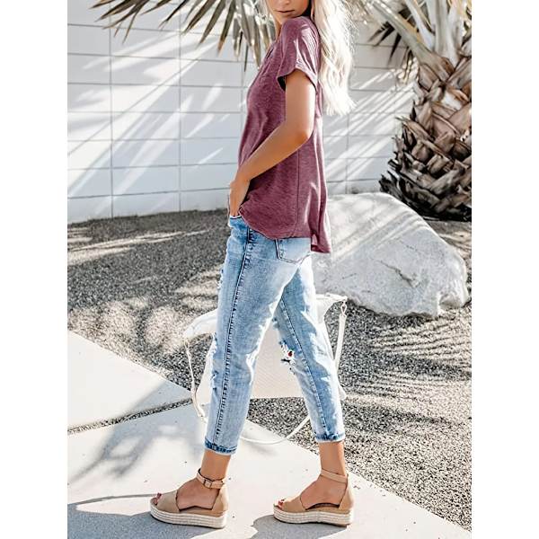 Plus Size T-skjorte med knappestolpe og korte ermer, Kvinner Plus Lett Stretch Casual Tee