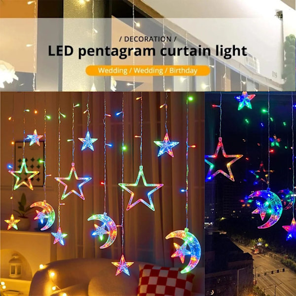 Gardiner Ljus Ramadan Fönsterljus Dekorationer Inomhus, 138 LED Stjärna Måne Fairy Lights