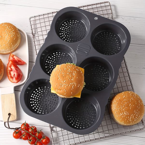 2 st Hamburgerbrödsformar 6 Håligheter Silikon Brödpannor, Perforerade Bakformar för Muffins Köksbakverktyg