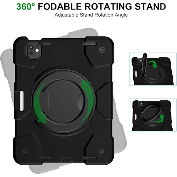 Kotelo iPad Pro 11 tuumalle 2024 (M4) 5. sukupolvi, Kestävä iskunkestävä suoja 360° kääntyvällä kahvalla/jalustalla/kynätelineellä/Sk Musta_xx Black iPad pro11 2024