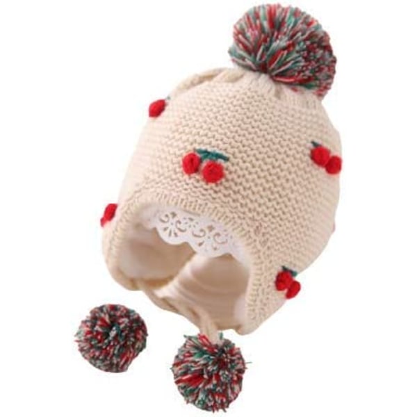 Baby småbarn jente strikk vinter lue | Fleeceforet | Kirsebær og Pom Pom detaljer