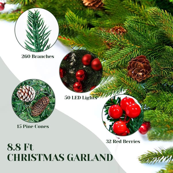 Forhåndsbelyst julekrans med lys, blomster og kuler, julegirlander