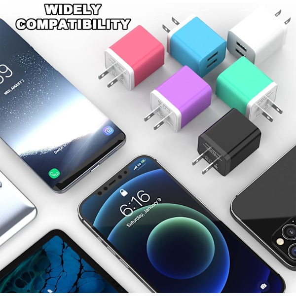 6-pack USB-väggladdare, iGENJUN 2.4A Dubbel USB-port Kubformad Strömadapter Snabb Laddare för iPhone 15/15 Pro/15 Pro Max