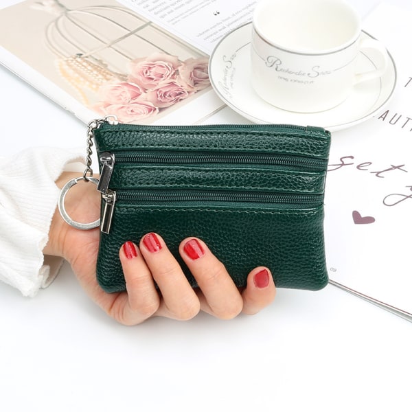 Kvinnor Myntväskor i äkta läder Mini-väska Change-plånbok med nyckelring och dragkedja Mini Cash-plånbok, grön