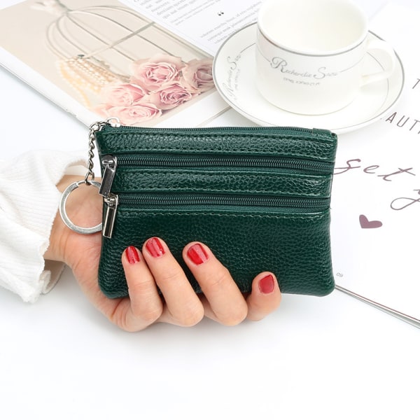 Kvinnors äkta lädermyntbörsar Mini Pouch Change Wallet med nyckelring och dragkedja Mini Cash Wallet, Grön