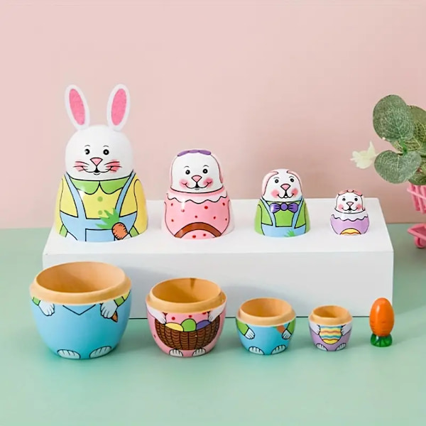 Kreativ Rysk Matryoshka Påskkanin 5-lagers Trähantverk Söt