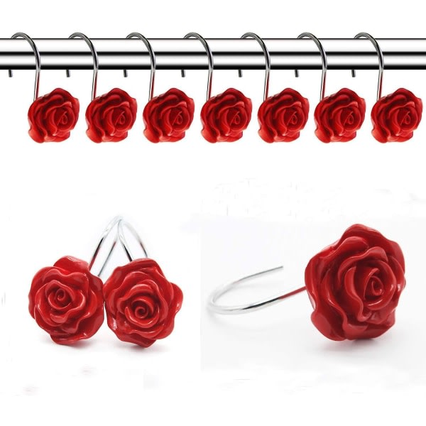 12 stk Home Fashion Dekorative Anti Rust Dusjgardinkroker Rose Design Dusjgardinringer Kroker (Rød)