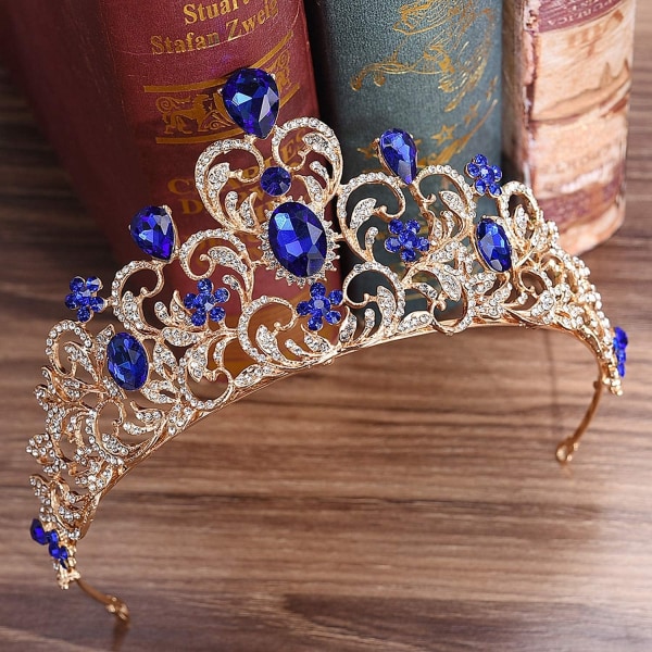 Safirbröllopsdiadem för brud, Princess Crown Vuxen Rhinestone Pannband, Bröllopshåraccessoarer för kvinnor, Gold Headpiece