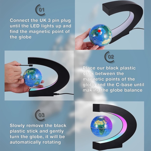 Flytande världsklot med färgade LED-ljus C-form magnetfält Levitation Världskarta Globe (eu)