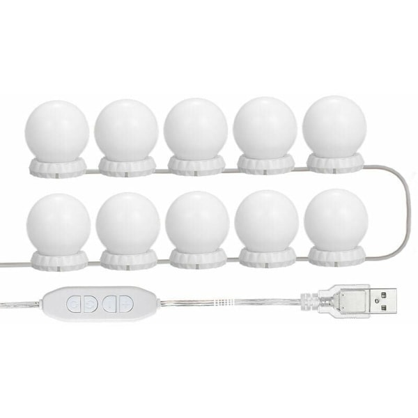 GTA LED Sminkbordsspegelbelysningssats med 10 dimbara glödlampor, 10 ljusstyrkor och 3 ljuslägen, USB typ, vit? - Vit??
