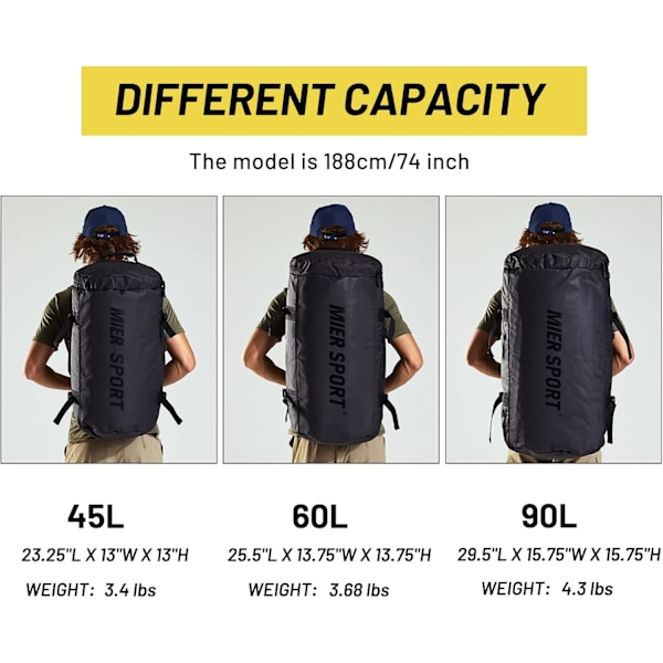 Suuri duffel-reppu urheilukassi kengätaskulla, erittäin kestävä ja vedenpitävä, musta, 90L Black