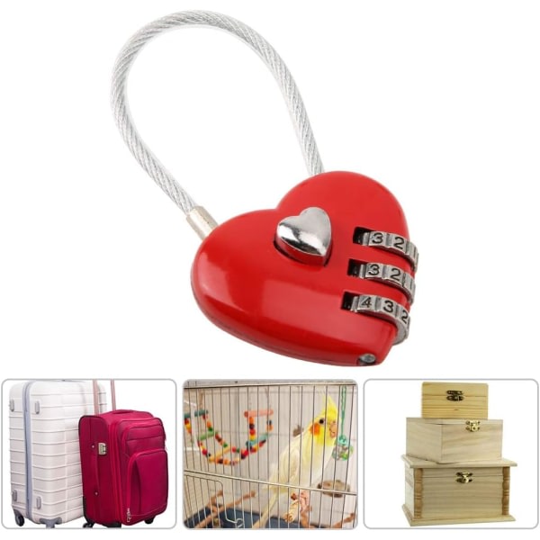 Kombinationshængelås, hjerteform 3-cifret kodekombinationsbagage, taskelås, adgangskodesikkerhedspar hængelås til skoleskab/arkivskab (rød)
