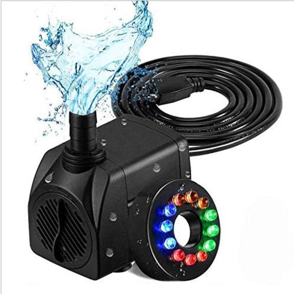 800L/H Elektrisk Vannpumpe, Nedsenkbar Vannpumpe med 12 Farger LED-lys, 16W Stille Liten Vannpumpe for Fontene