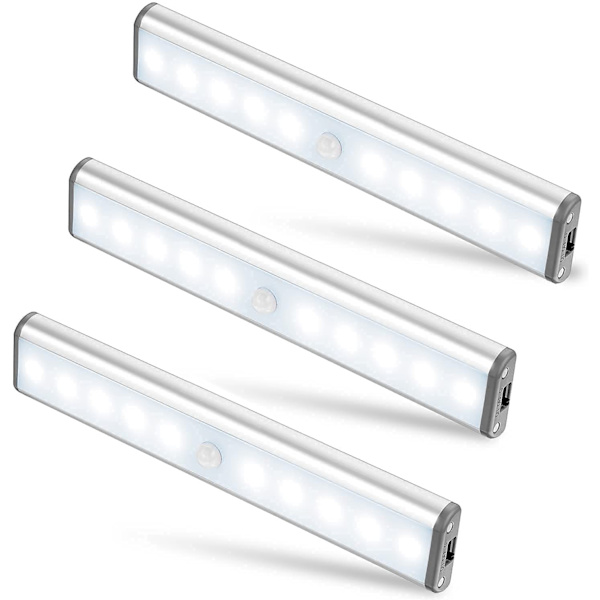 3-pakks oppgradert USB-oppladbart 10 LED magnetisk bevegelsessensor nattlys, skumring til daggry fotocelle, automatisk på/av.