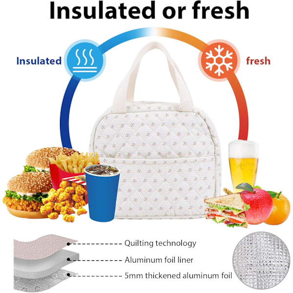 Söt Lunchbox för Kvinnor, Quiltat Lunchväska, Blommig Lunchväska för Kvinnor med Framficka Lunchbox Behållare Kylare Väska för Arbete