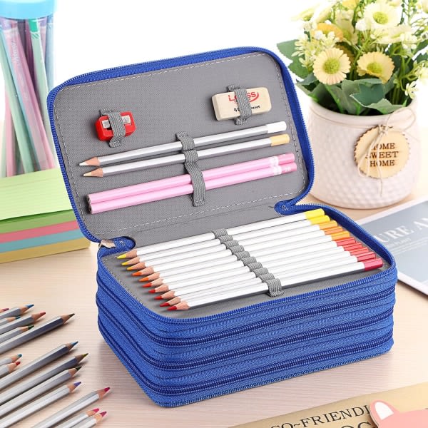 72 Deponering af Bærbare flerlags blyanter med stor kapacitet Etui Taske Farveblyanter Organizer (blå) (penne IKKE inkluderet)