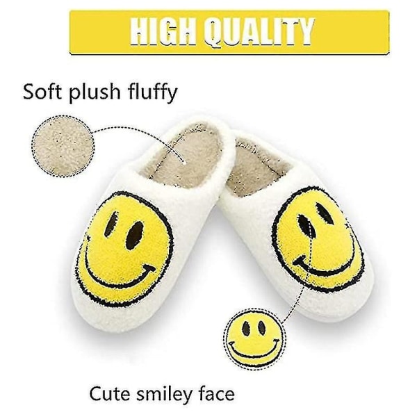 Hjemmesko Smiley-tøfler Smil-tøfler til kvinder Happy Face-tøfler Retro Smiley-ansigt Blødt Plys Komfortabel Varme Slip-on-tøfler Hvid Hvid White 42-43