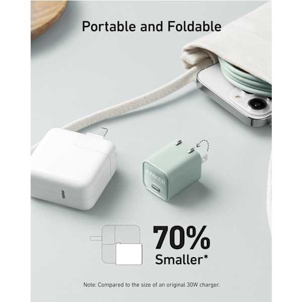 Laddare, USB C GaN Laddare 30W, PIQ 3.0 Vikbar PPS Snabbladdare för iPhone 16 / 15 och fler serier, Galaxy, iPad, Kompatibel med MagSafe (vit) white