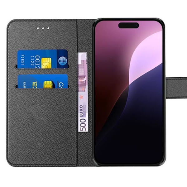 Etui til iPhone 16 Pro med 2 hærdet glas, ridsefast syntetisk læder flip cover - Sort
