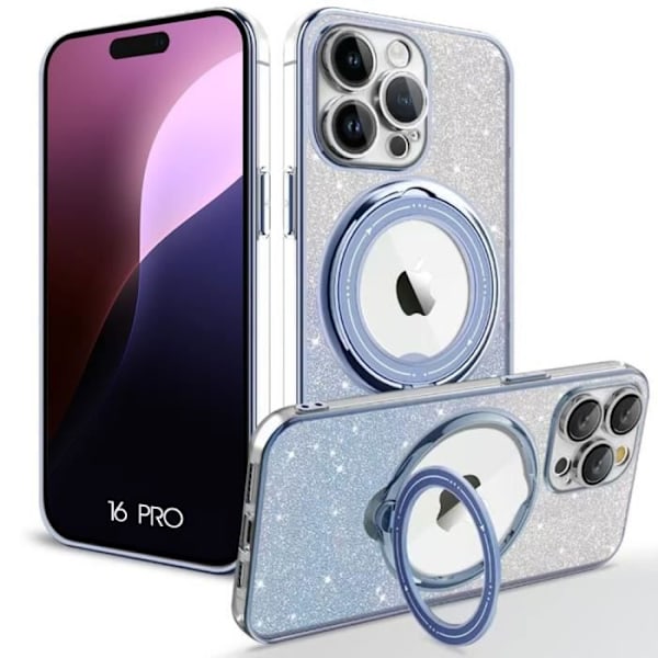 iPhone 16 Pro -kotelo pyörivällä magneettitelineellä - naarmuuntumaton silikonisuoja kimaltavaa sinistä
