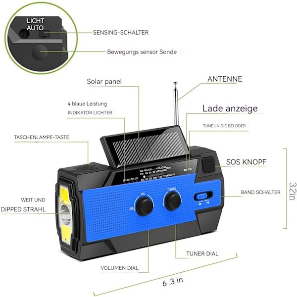 Nödradio med vev, solceller och AM/FM, inbyggd 4000 mAh