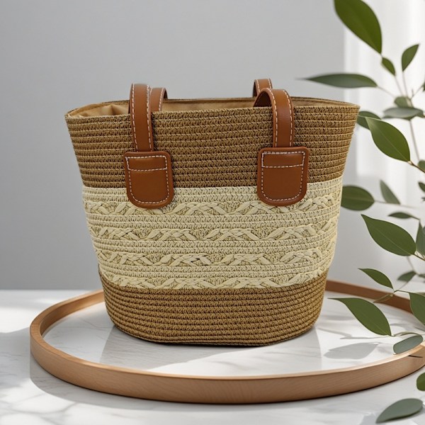Stråväska för damer, handvävd handväska, lämplig för sommarsemester, strandresor och vardagsbruk (khaki veteax) Khakimi wheat ears