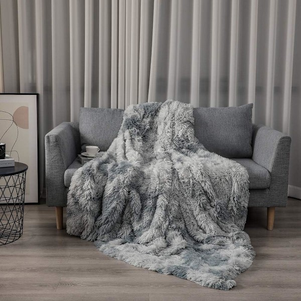 Blanket, fluffy faux fur blanket, gray fleece, bedspread, S