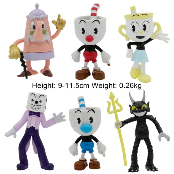 6 st Cuphead Mugman Mecup Brocup Anime Figur Spel Leksaker Set Staty Modell Pvc Docka Tårta Prydnad