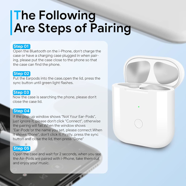 Trådløst ladeetui kompatibelt med Air Pods 1. og 2. generasjon, laderetui erstatning med synkroniseringsknapp Bluetooth