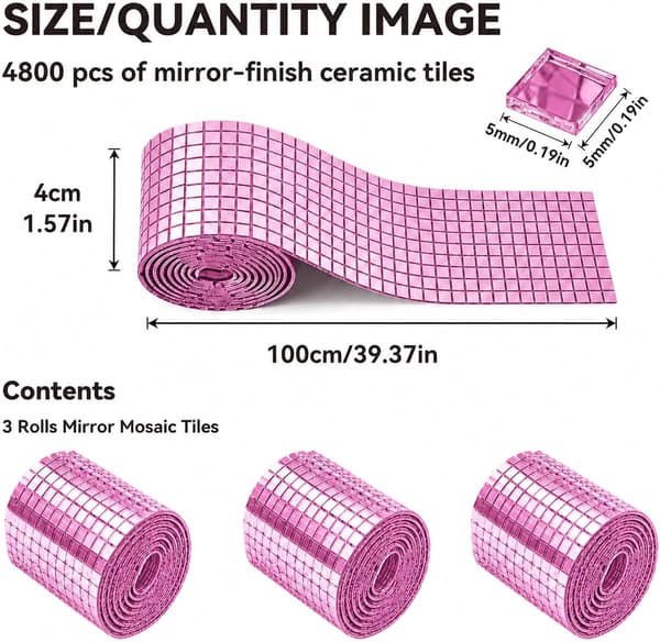 4800 stk Mosaikkfliser Speilfliser Selvklebende 3 Ruller Rosa | 5x5mm Speilmosaikk Selvklebende Diskokule Selvklebende Strips
