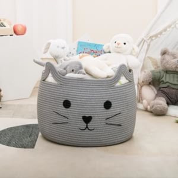 Suuri kudottu puuvillaköysi säilytyskori, vauvan pyykkikorin järjestäjä pyyhkeille, peitoille, leluille, vaatteille, lahjoille | Lemmikkilahjakorit kissoille, koirille, harmaa Gray
