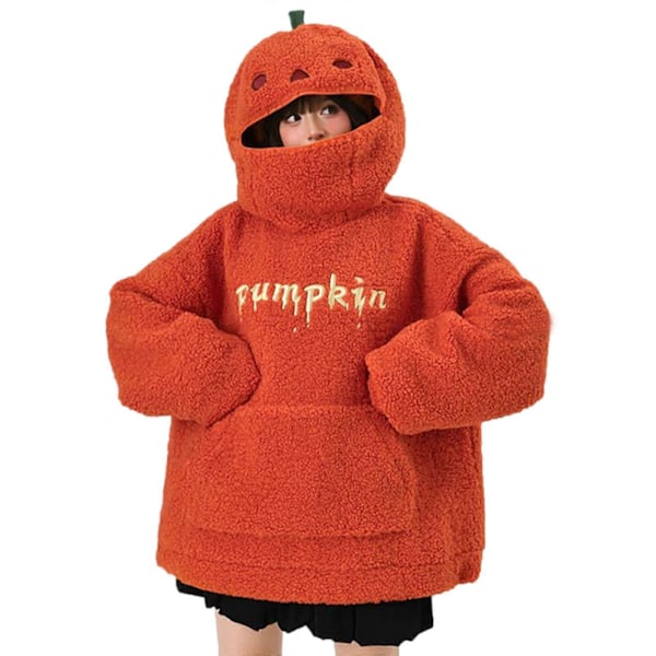 Hettegenser for kvinner, lang ermet, dobbeltsidig fleece, Halloween-gresskar-antrekk, løs komfort M