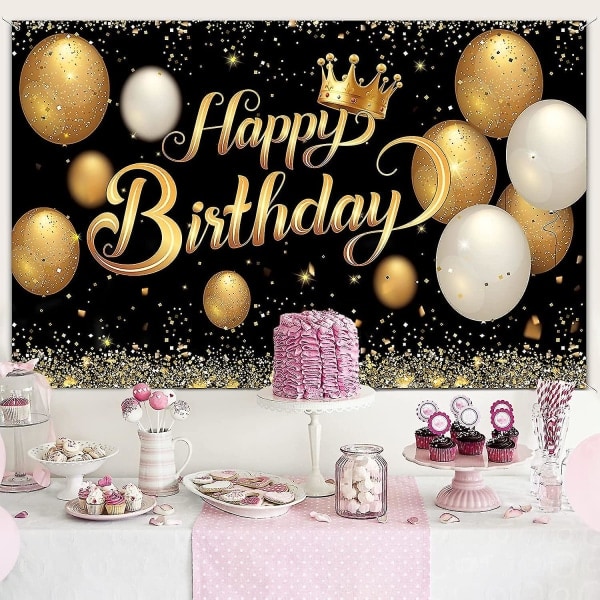 Syntymäpäiväbanneri Suuri musta ja kultainen juliste Happy Birthday -kirjoituksella 180 x 115 cm